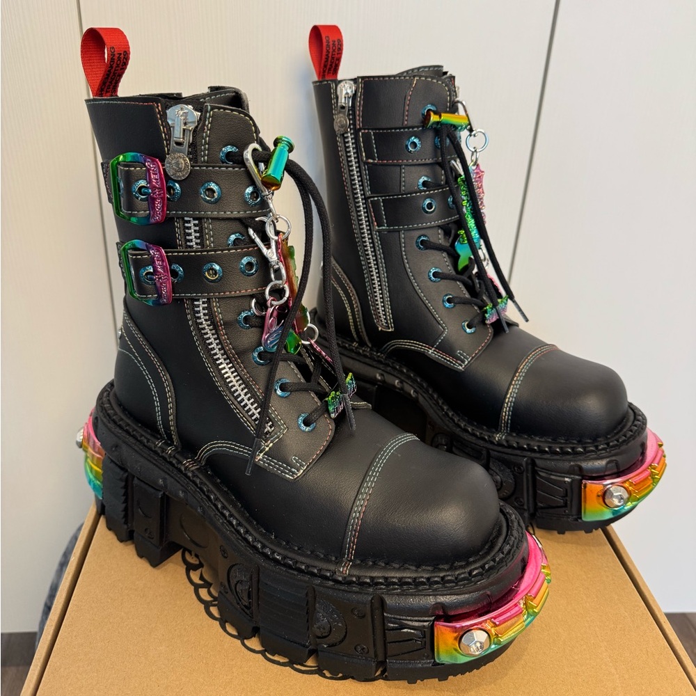 New Rock Black Platform Combat Boots with Rainbow Accents eu 39 us 8.5